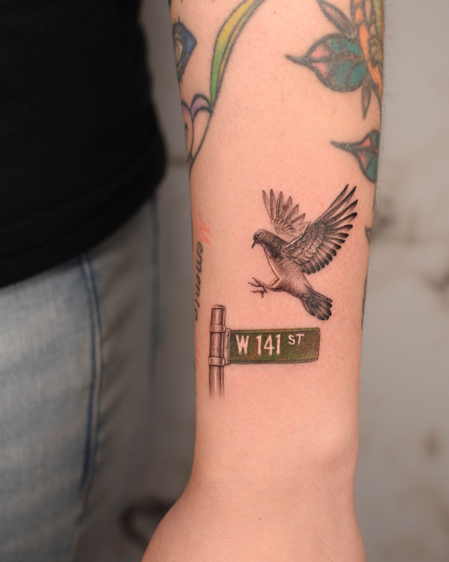 Tattoo — pigeon and W 141 St sign