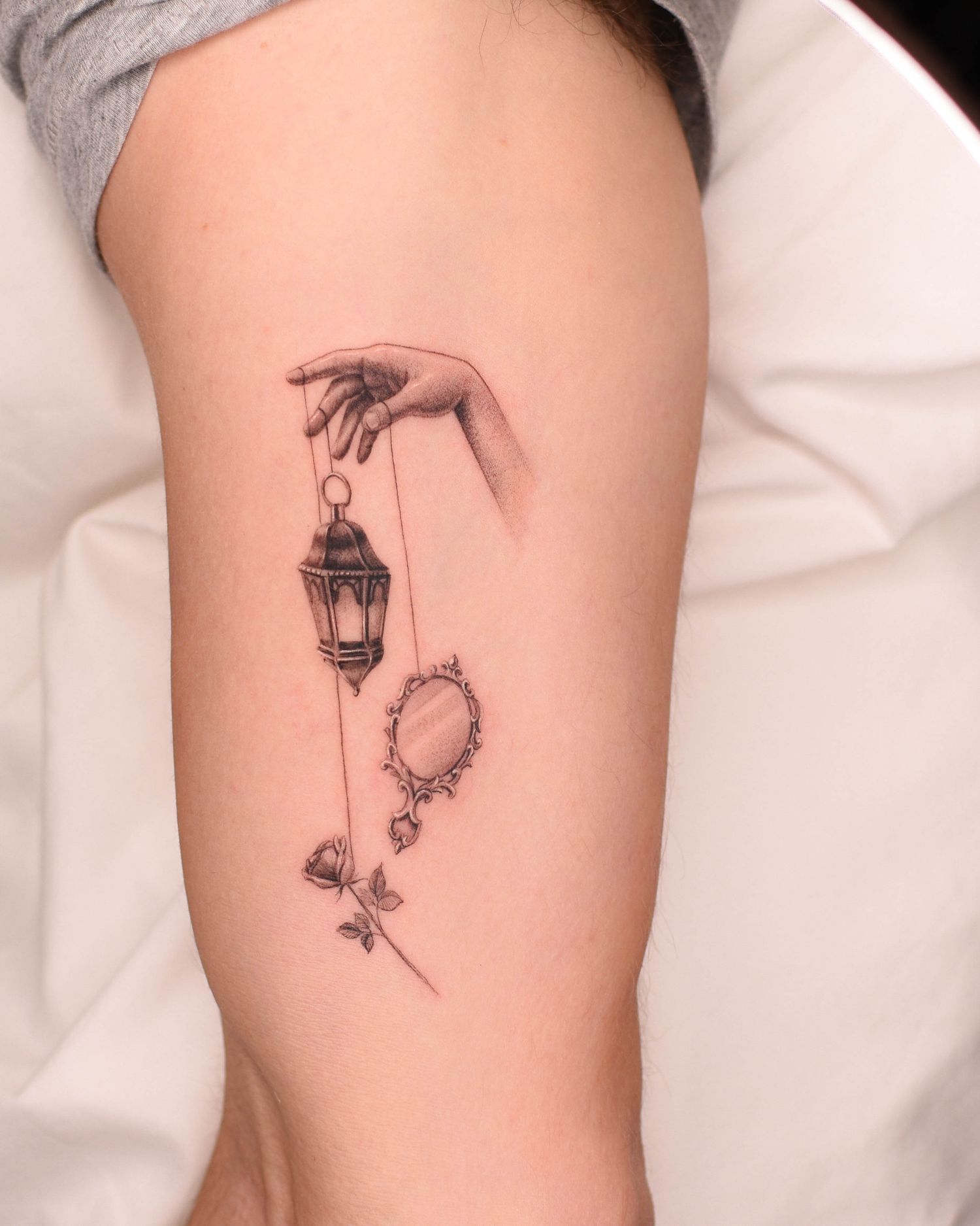 Tattoo — hand, lantern, mirror and rose